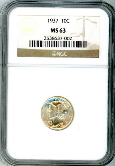 1937 Silver Mercury Dime in NGC MS63