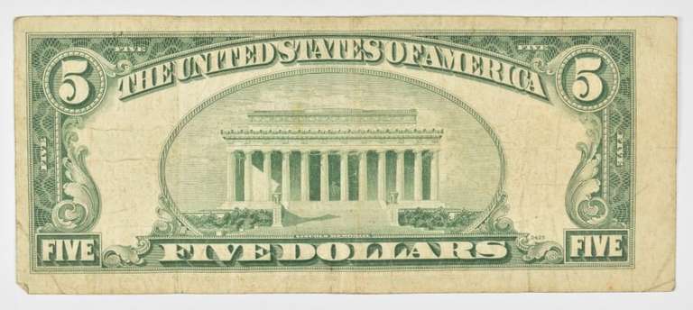 1953-B $5 United States Legal Tender Note - Red Seal - Off Center