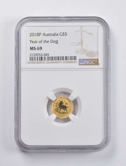 MS69 2018-P Australia $5 Gold Year Of The Dog 1/20 Oz. .999 Gold NGC