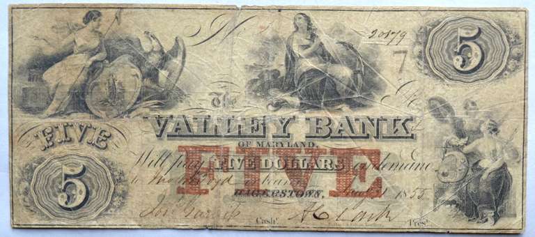 $ 5 Valley Bank Hagerstown Maryland 1855 Note