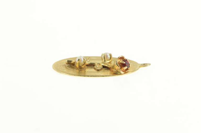 14K Yellow Gold Retro Syn. Ruby Pearl Sweet 16 Rose Charm/Pendant
