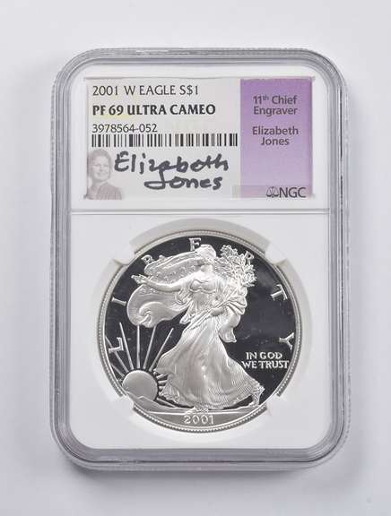 PF69 UCAM 2001-W American Silver Eagle Signed Jones NGC