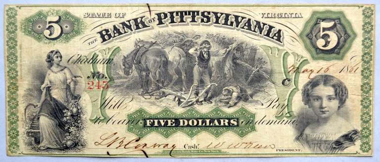 $ 5 1861 Bank of Pittsylvania Chatham Va Two Color Note