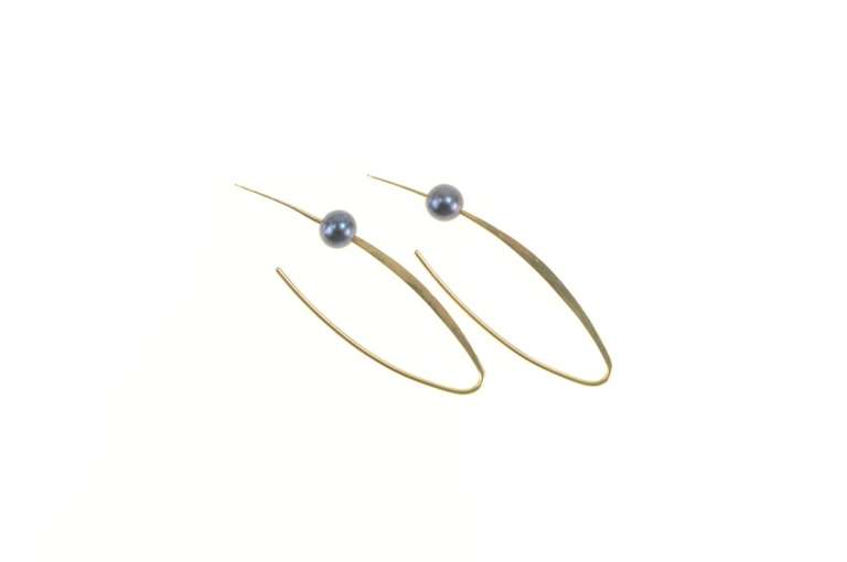 14K Yellow Gold Dark Blue Pearl Dropped Bar Dangle Hook Earrings