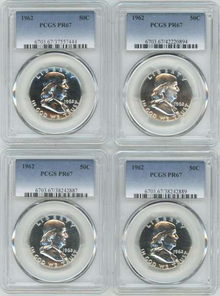 4 Superb PCGS PR67 graded 1962 Franklin Half Dollars