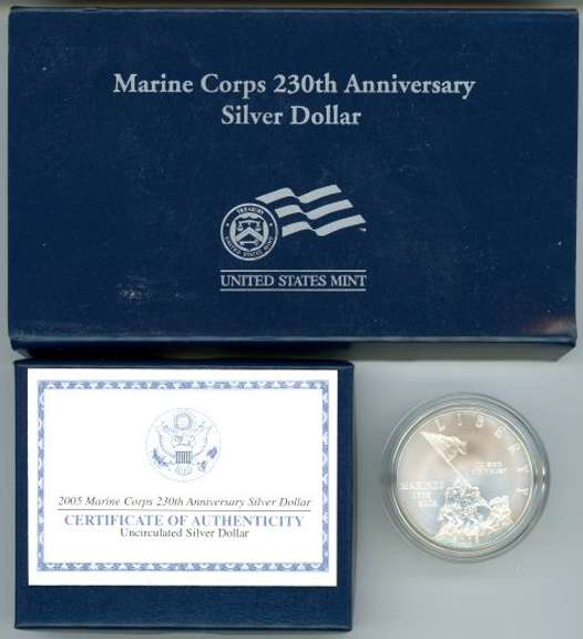 2005 Marine Corps 230th Anniversary BU Silver Dollar. Box/CoA
