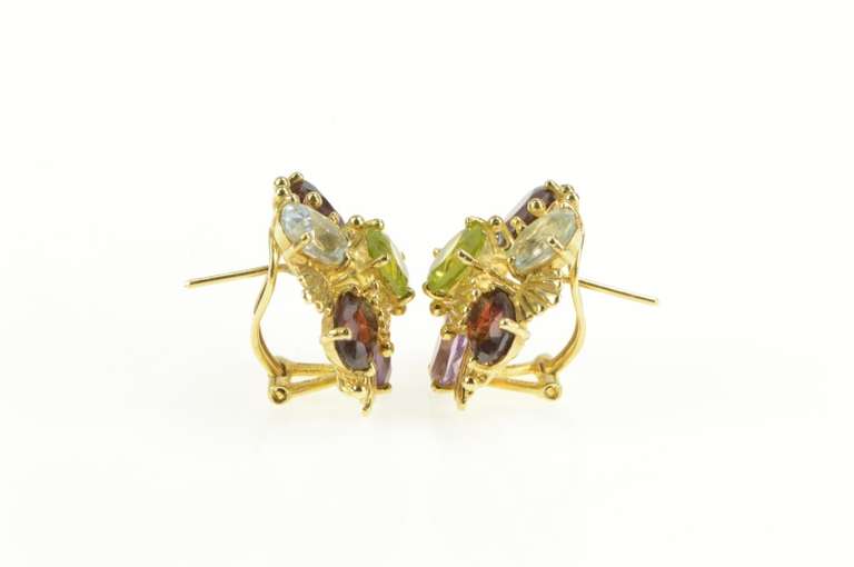 14K Yellow Gold Retro Amethyst Garnet Topaz Peridot Cluster Earrings