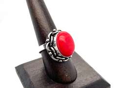 Ovular Red Coral in Tibetan Silver Energy Ring