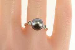 14K White Gold Pearl Diamond Three Stone Engagement Ring