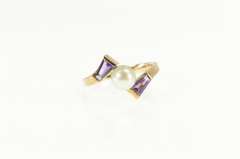 10K Yellow Gold Pearl Baguette Amethyst Ornate Bypass Ring