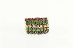 14K Yellow Gold 1960's Layered Emerald Ruby Sapphire Band Ring