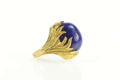 18K Yellow Gold Ornate Lapis Lazuli 1960's Leaf Floral Cocktail Ring
