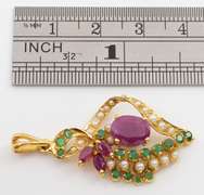 Feminine 22k Ruby, Emerald, 7 Pearl Pendant