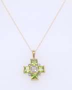 Charming Yellow Gold Peridot and Diamond Cross Pendant on Chain