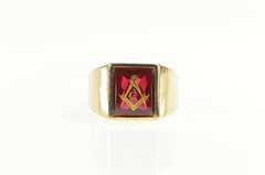 10K Yellow Gold Etched Masonic Compass Square Syn. Ruby Ring