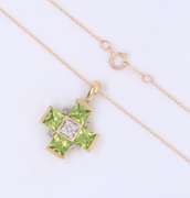 Charming Yellow Gold Peridot and Diamond Cross Pendant on Chain