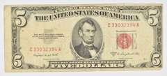 1953-B $5 United States Legal Tender Note - Red Seal - Off Center