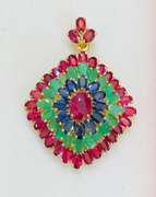14kt Solid Gold, Ruby, Emerald, & Blue Sapphire Pendant- 22.00 CTW!
