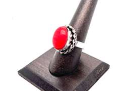 Ovular Red Coral in Tibetan Silver Rope Ring