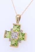 Charming Yellow Gold Peridot and Diamond Cross Pendant on Chain