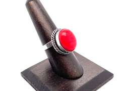 Ovular Red Coral in Tibetan Silver Double Rope Ring