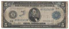 1914 $5 Five Dollar Blue Seal Lincoln Bank Note US Bill