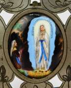 Antique French Framed Handpainted Lourdes Porcelain Plaque