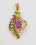 Feminine 22k Ruby, Emerald, 7 Pearl Pendant