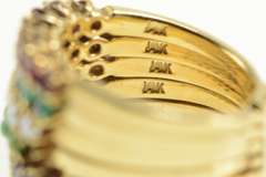14K Yellow Gold 1960's Layered Emerald Ruby Sapphire Band Ring