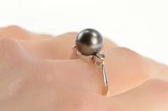 14K White Gold Pearl Diamond Three Stone Engagement Ring