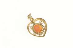 14K Yellow Gold Retro Carved Shell Cameo Ornate Heart Filigree Pendant