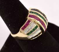 Gorgeous Diamond, Emerald, Ruby, and Sapphire Ring in 14K Yellow Gold