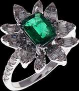 Intense Diamond Petaled Emerald Core 18k White Gold Ring