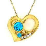 18K YELLOW GOLD-PLATED HEART SHAPE CREATED AQUAMARINE BLUE STONE GERMAN SILVER PENDANT CHARM