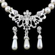 US 14KT HIGH QUALITY WHITE GOLD-PLATED WHITE ZICRON NECKLACE EARRING PEARL GERMA