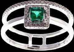 Sleek Double Row 18k White Gold Emerald Ring with Diamond Studs