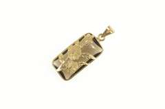 14K Yellow Gold Etched Flower Smoky Quartz Overlay Bar Pendant