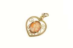 14K Yellow Gold Retro Carved Shell Cameo Ornate Heart Filigree Pendant
