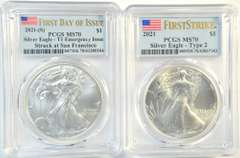 1st Day Issue 2021-(S) Ty 1 & Ty 2 FS $1 Silver Eagles. PCGS MS70