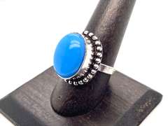 Oval Cut Blue Stone Ring in Tibetan Silver Beaded Ring