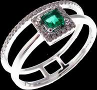 Sleek Double Row 18k White Gold Emerald Ring with Diamond Studs