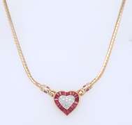 Majestic Yellow Gold Ruby and Diamond Heart Shaped Pendant Necklace
