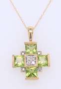 Charming Yellow Gold Peridot and Diamond Cross Pendant on Chain