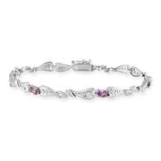 Sterling Silver Genuine Amethyst and Diamond Accent Heart Link Bracelet