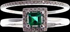 Sleek Double Row 18k White Gold Emerald Ring with Diamond Studs