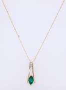 Charming Yellow Gold Marquoise Emerald and Diamond Bar Pendant on Chain