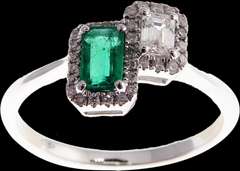 Twin Pair Emerald and Baguette Diamond Ring with 18k White Gold
