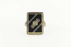 14K White Gold Art Deco Onyx Diamond Pinstripe Statement Ring