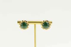 14K Yellow Gold Round Malachite Cabochon Ornate Retro Stud Earrings