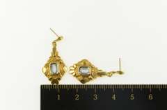 18K Yellow Gold Art Deco Emerald Cut Blue Topaz Dangle Earrings